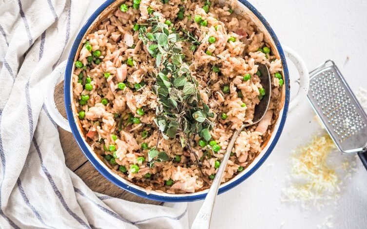 Oven-baked Leftover Roast Chicken, Bacon and Pea Risotto