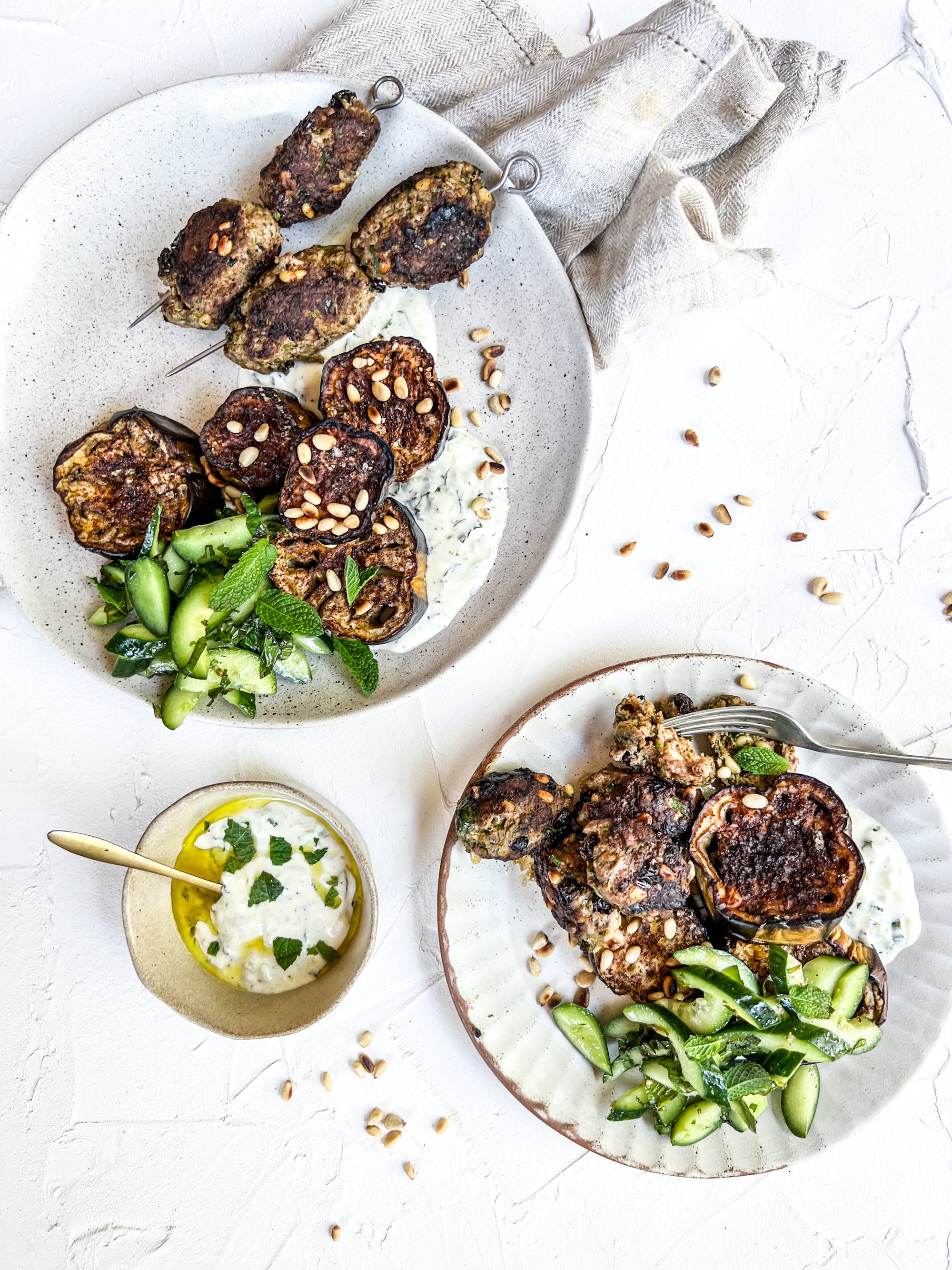 Roasted sumac eggplant with herby lamb koftas and garlic mint yoghurt