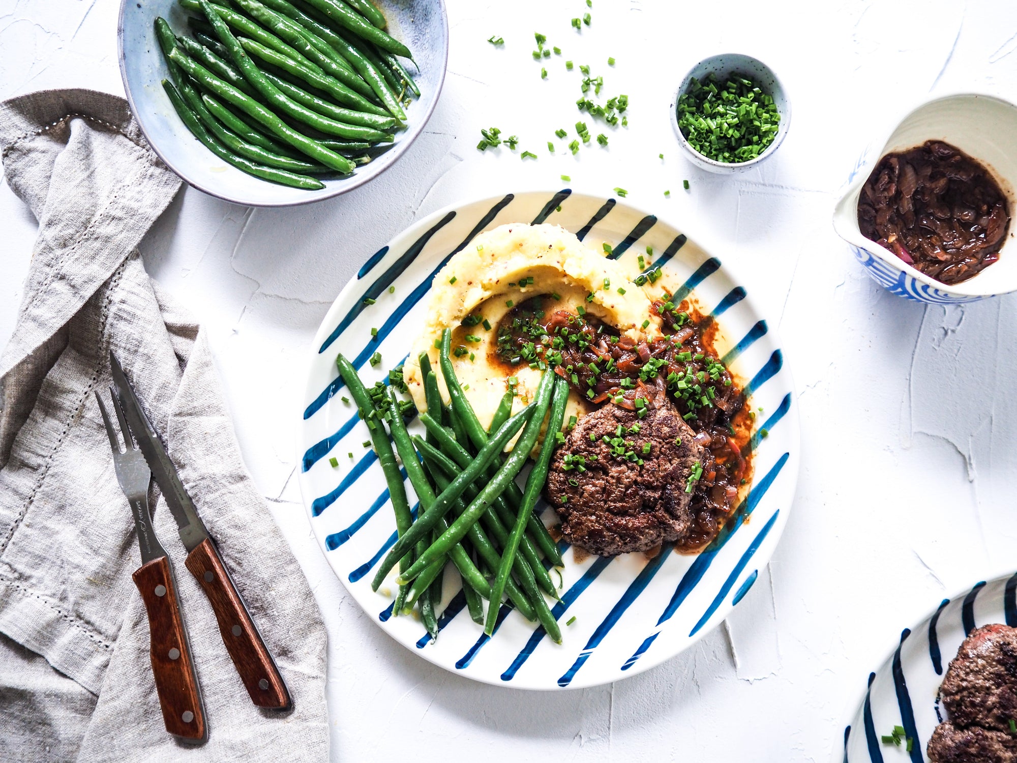 Beef & Liver Rissoles with Red Onion Gravy, Creamy Mash & Beans