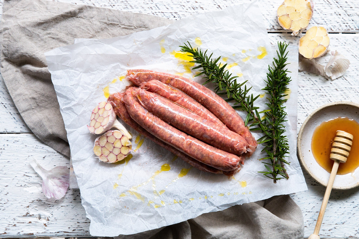 Organic Beef, Honey, Garlic Sausages